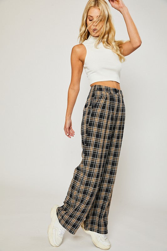 Plaid Wide Leg Pants,Bottoms,PANTS, PLAID, SOFT PANTS, Trousers, WIDE LEG- DEFIANT