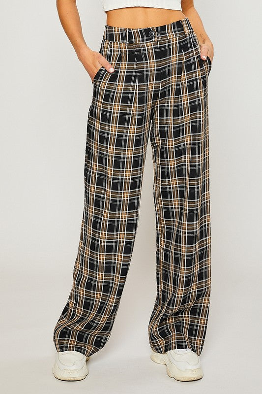 Plaid Wide Leg Pants,Bottoms,PANTS, PLAID, SOFT PANTS, Trousers, WIDE LEG- DEFIANT