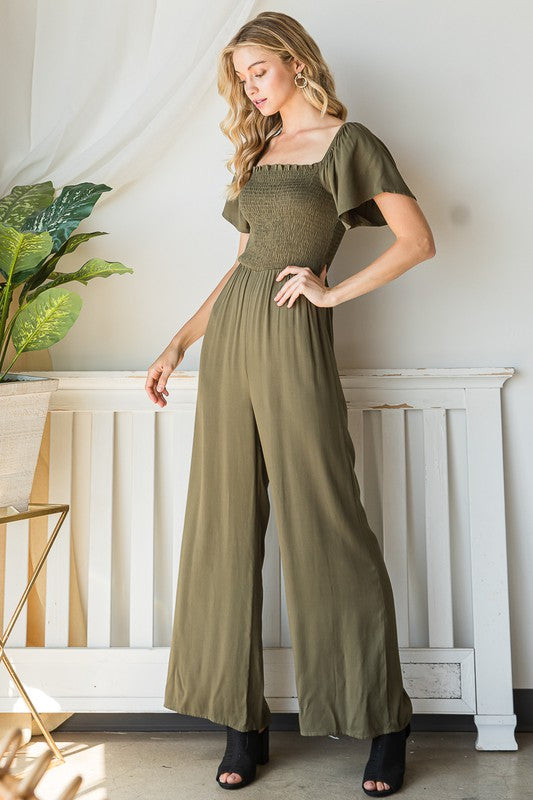 Flutter Sleeve Smocked Jumpsuit,Pants,FLUTTER SLEEVE, JUMPSUIT, SHORT SLEEVE, SMOCKED- DEFIANT