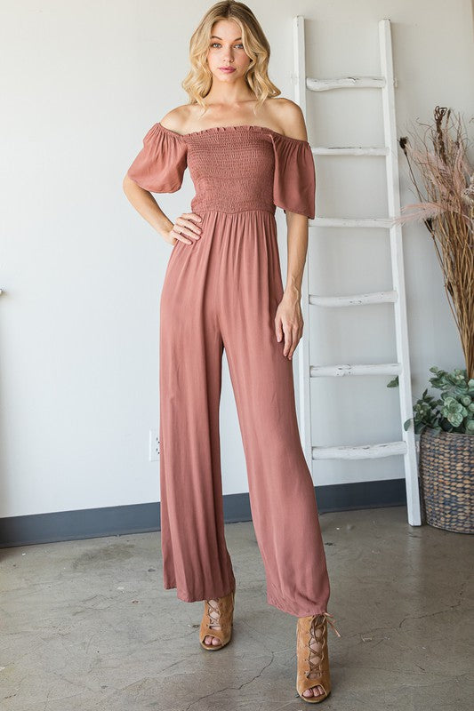 Flutter Sleeve Smocked Jumpsuit,Pants,FLUTTER SLEEVE, JUMPSUIT, SHORT SLEEVE, SMOCKED- DEFIANT