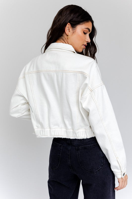 White Denim Jacket,Coats & Jackets,DENIM, FRAYED, JACKET, WHITE DENIM- DEFIANT