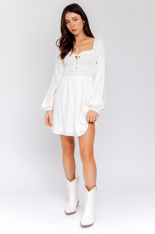 White Long Sleeve Smocked Dress,Dresses,CASUAL DRESSES, LONG SLEEVE, SMOCKED, WHITE DRESSES- DEFIANT