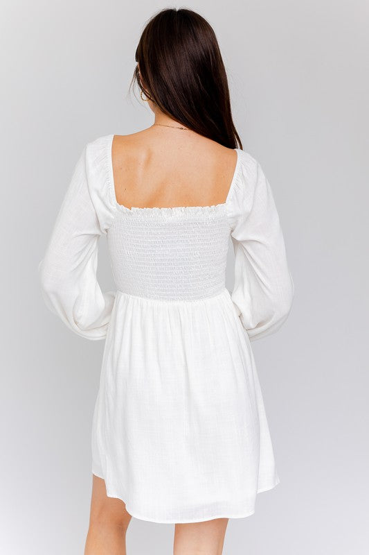 White Long Sleeve Smocked Dress,Dresses,CASUAL DRESSES, LONG SLEEVE, SMOCKED, WHITE DRESSES- DEFIANT