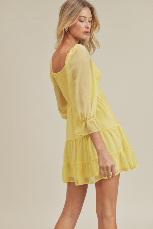 Emma Yellow Dress,Dresses,CASUAL DRESSES, LONG SLEEVE, MINI, RUFFLE, SMOCKED, TIERED- DEFIANT