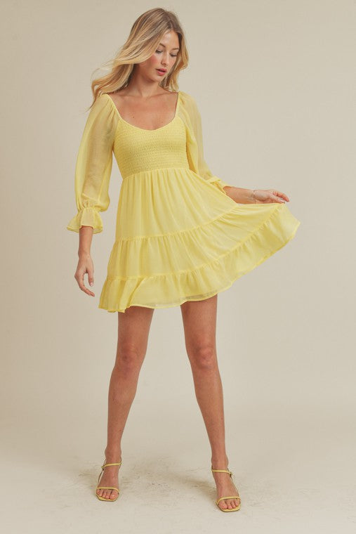 Emma Yellow Dress,Dresses,CASUAL DRESSES, LONG SLEEVE, MINI, RUFFLE, SMOCKED, TIERED- DEFIANT