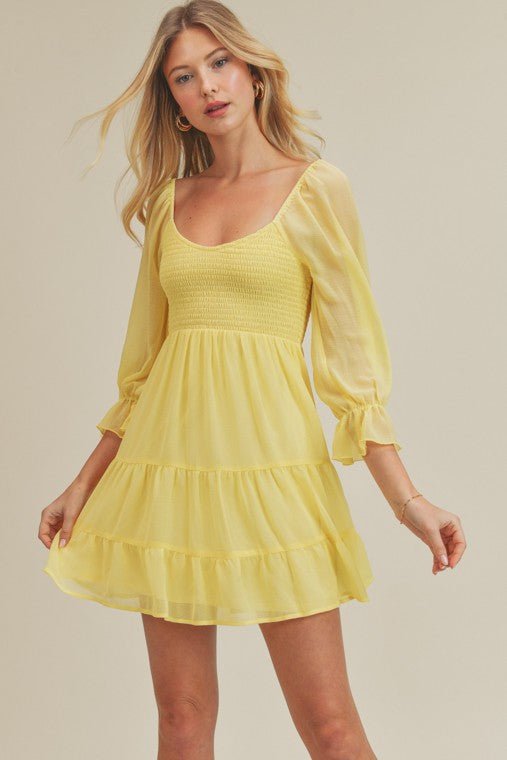 Emma Yellow Dress,Dresses,CASUAL DRESSES, LONG SLEEVE, MINI, RUFFLE, SMOCKED, TIERED- DEFIANT