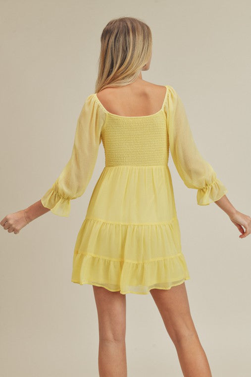 Emma Yellow Dress,Dresses,CASUAL DRESSES, LONG SLEEVE, MINI, RUFFLE, SMOCKED, TIERED- DEFIANT