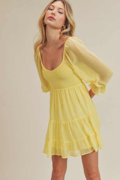 Emma Yellow Dress,Dresses,CASUAL DRESSES, LONG SLEEVE, MINI, RUFFLE, SMOCKED, TIERED- DEFIANT