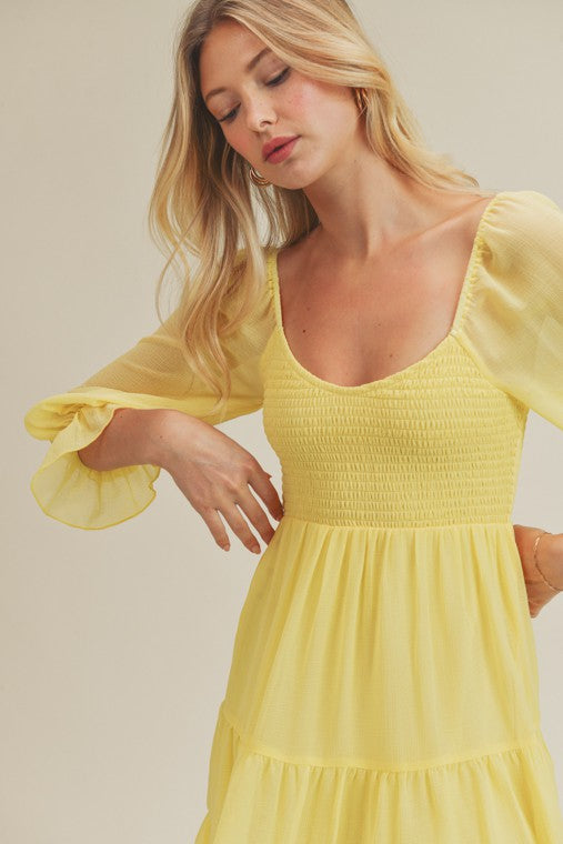 Emma Yellow Dress,Dresses,CASUAL DRESSES, LONG SLEEVE, MINI, RUFFLE, SMOCKED, TIERED- DEFIANT