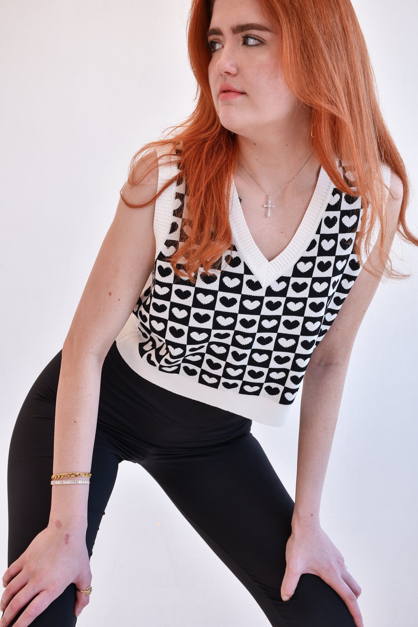 Checkered Heart Crop Sweater Vest,Tops,CHECKERED, HEART, SWEATER, SWEATERS, Vests- DEFIANT