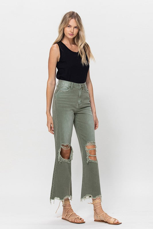Vintage Cropped Flare Olive Denim,Bottoms,CROPPED, DENIM, DISTRESSED, FLARE, FRAYED, HIGH WAISTED- DEFIANT