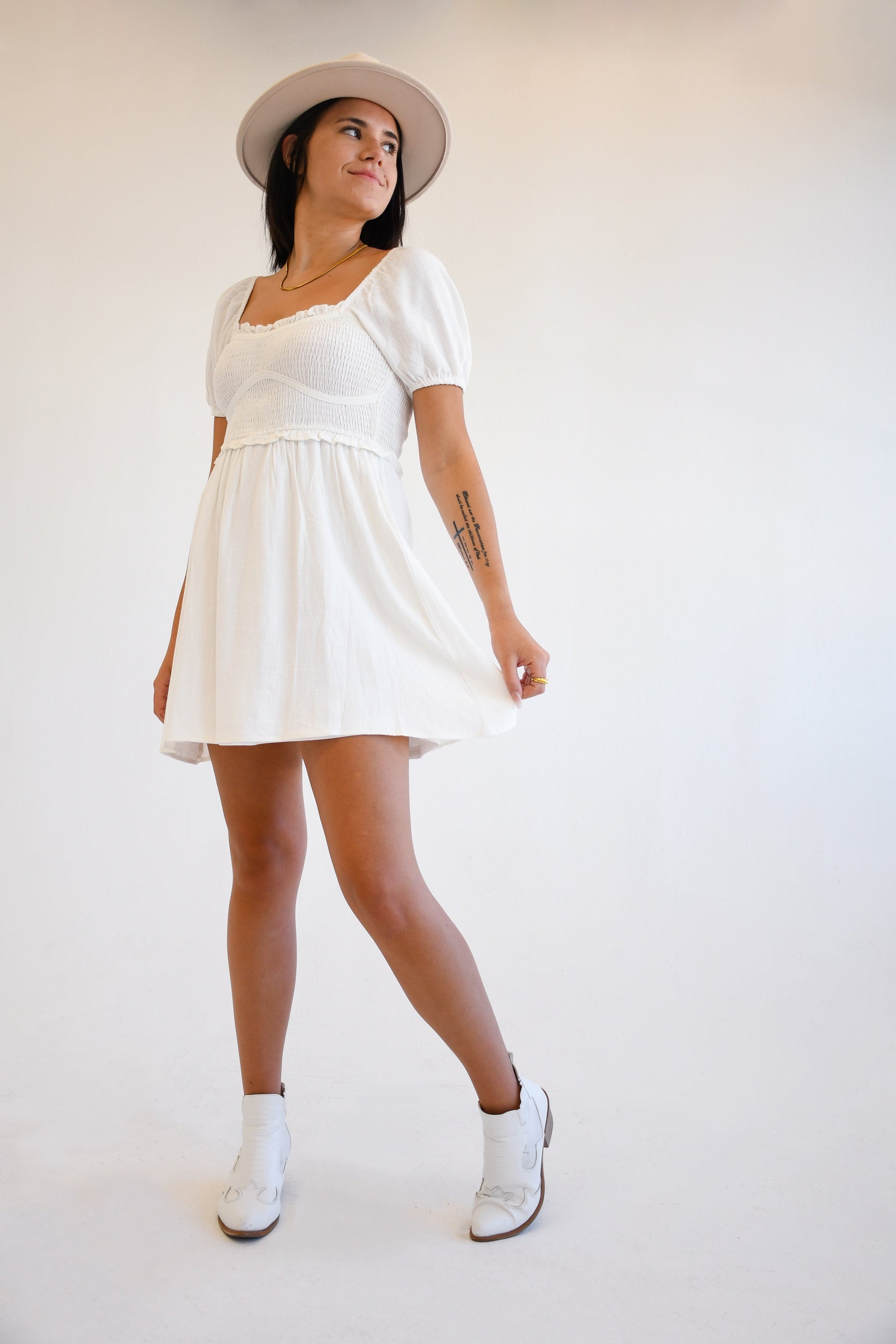 Edith Smocked White Dress,Dresses,MINI, PUFF SLEEVE, SHORT SLEEVE, SMOCKED- DEFIANT