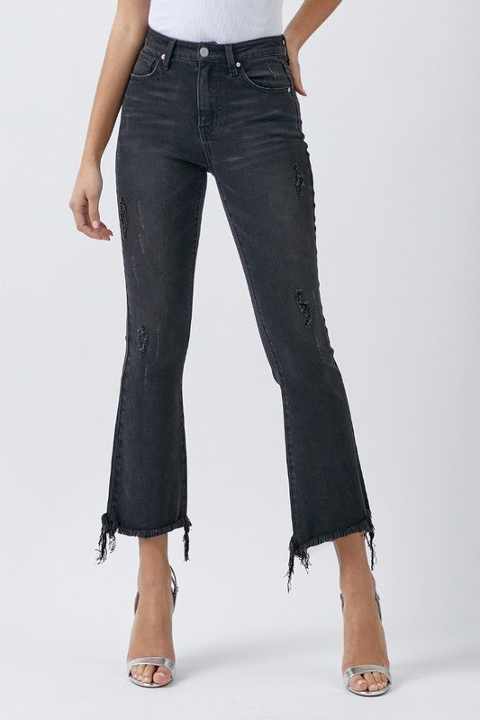Mid Rise Ankle Flare - Black,Bottoms,BLACK DENIM, DENIM, DISTRESSED, FLARE, MID-RISE- DEFIANT