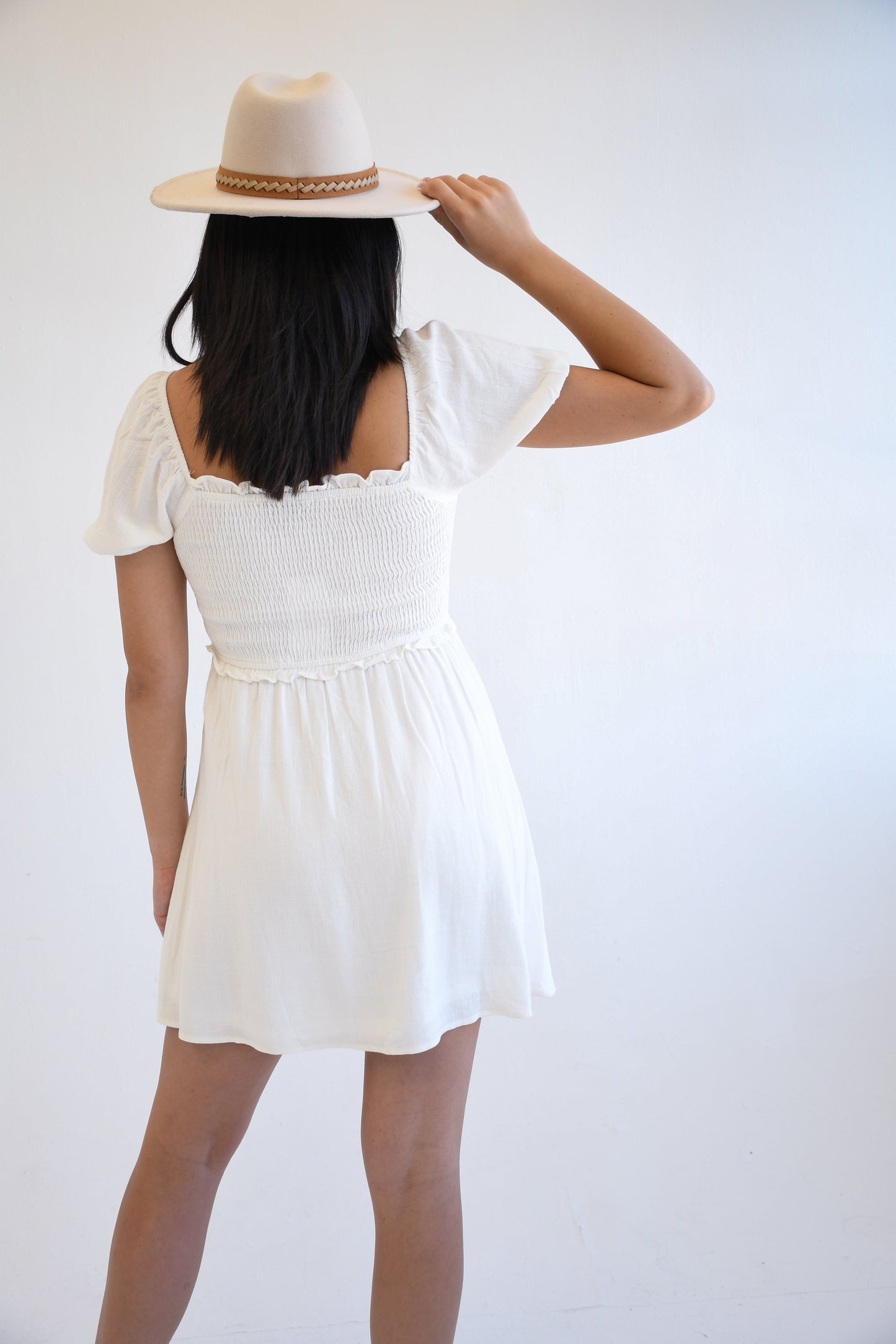 Edith Smocked White Dress,Dresses,MINI, PUFF SLEEVE, SHORT SLEEVE, SMOCKED- DEFIANT