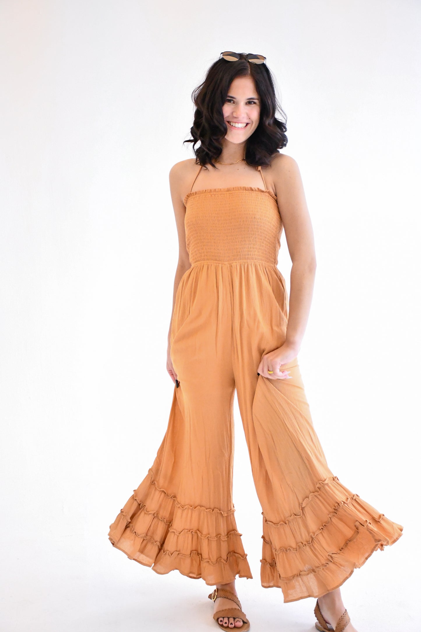 Wide Leg Tiered Ruffle Jumpsuit,Pants,JUMPSUIT, RUFFLE, SMOCKED, TIERED, WIDE LEG- DEFIANT