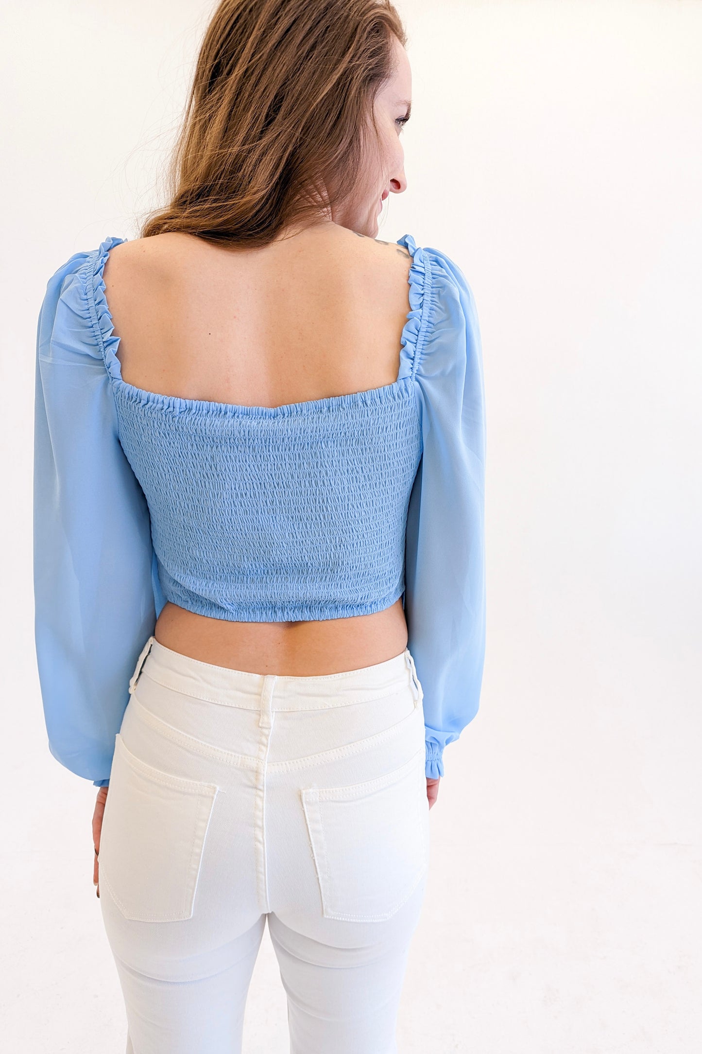 Renee Going Out Top,Tops,CROPPED, DRAWSTRING, LONG SLEEVE, SWEETHEART NECKLINE- DEFIANT