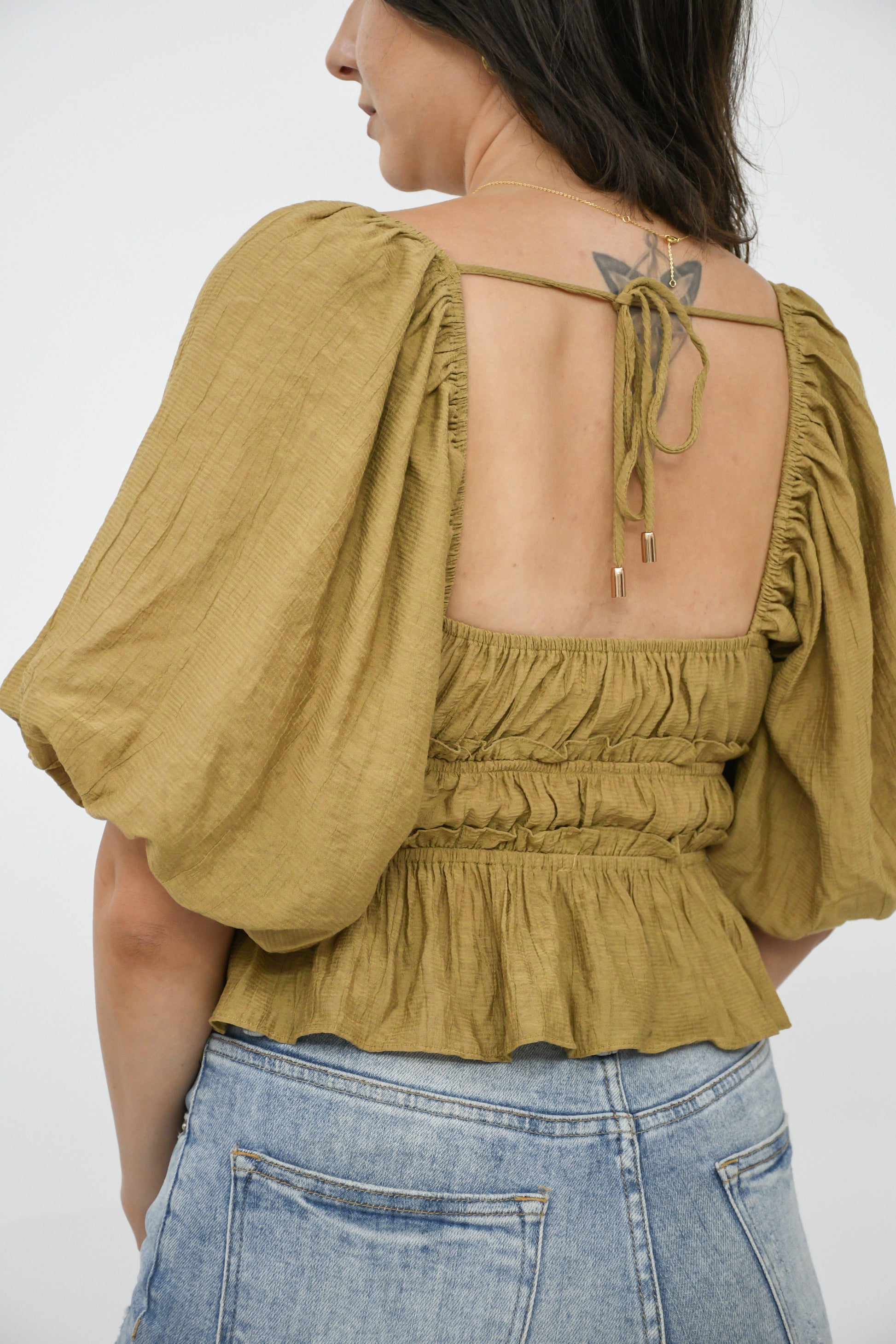 Here For It Puff Sleeve Top,Tops,PUFF SLEEVE, RUFFLE, SWEETHEART NECKLINE, TIE- DEFIANT