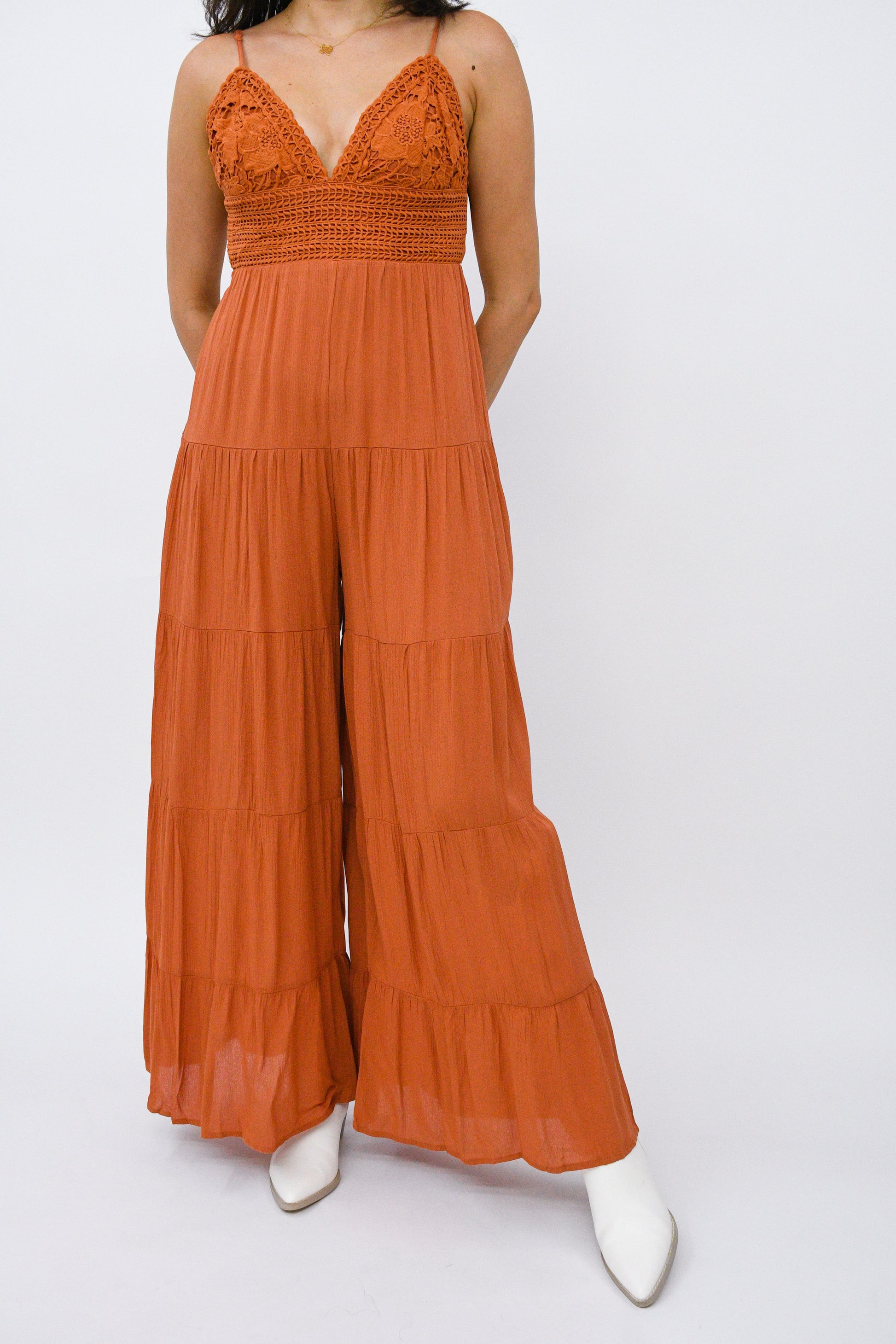 Alaina Crochet Jumpsuit,,ADJUSTABLE, FLOWY, JUMPSUIT, LACE, TIERED, WIDE LEG- DEFIANT