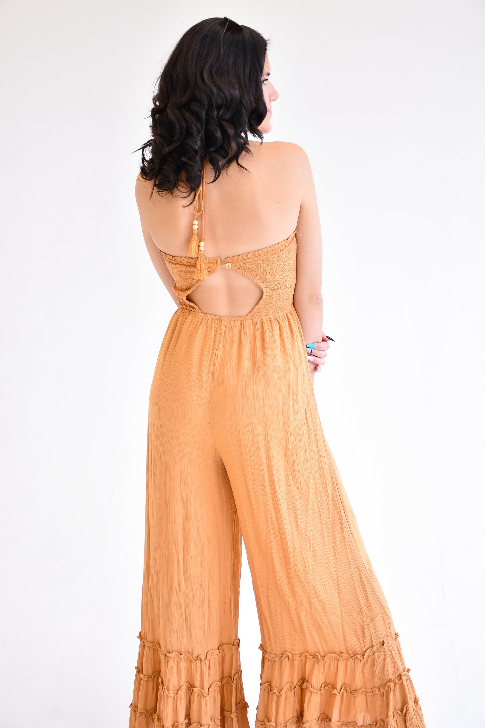 Wide Leg Tiered Ruffle Jumpsuit,Pants,JUMPSUIT, RUFFLE, SMOCKED, TIERED, WIDE LEG- DEFIANT