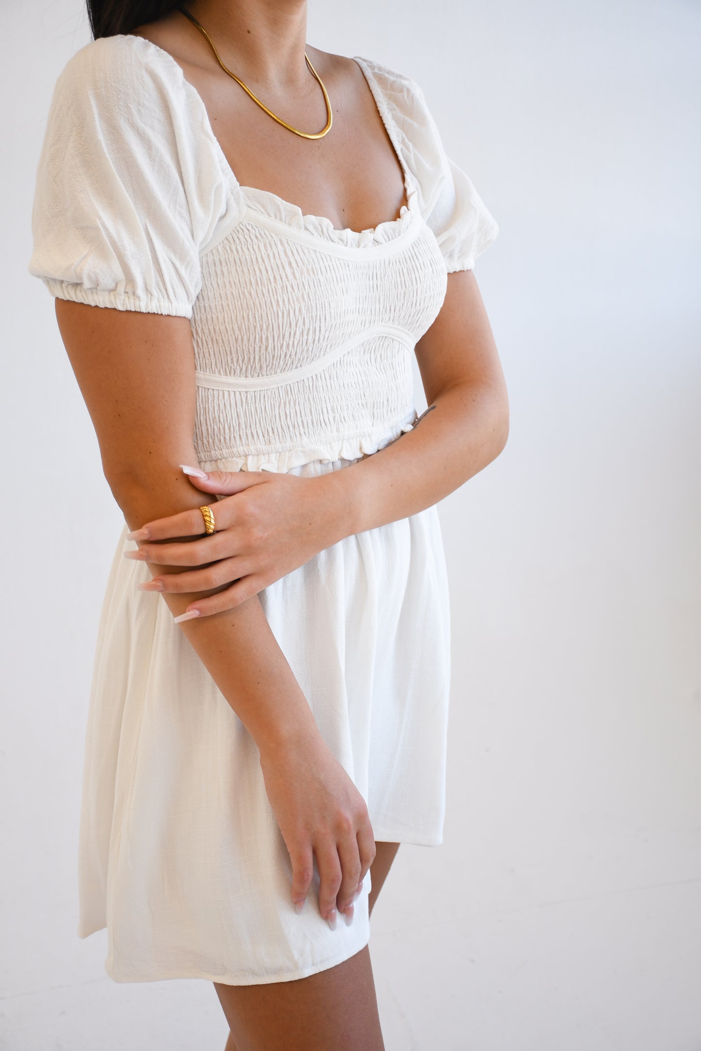 Edith Smocked White Dress,Dresses,MINI, PUFF SLEEVE, SHORT SLEEVE, SMOCKED- DEFIANT