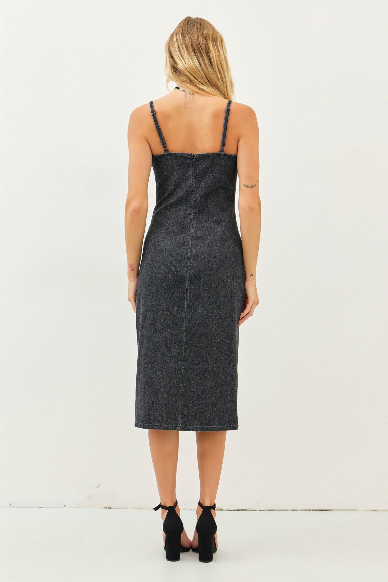 Washed Denim Lace Trim Midi Dress