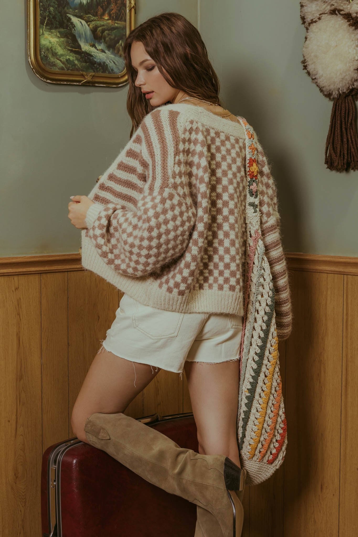 Checker Drop Shoulder Cardigan