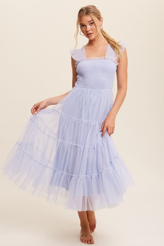 Smocked Ruffle Tiered Mesh Midi Dress (Shipping Only)