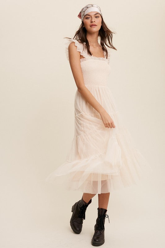 Smocked Ruffle Tiered Mesh Midi Dress (Shipping Only)