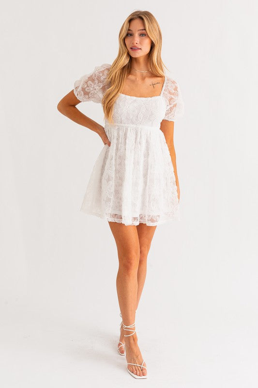 Flower White Puff Sleeve Dress (Shipping Only)