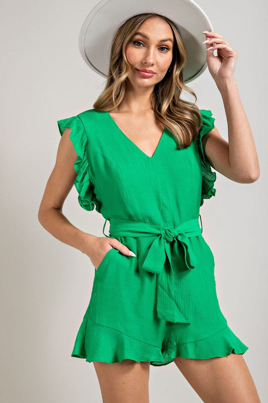 Ruffle Sleeve Tie Waist Romper (Shipping Only)