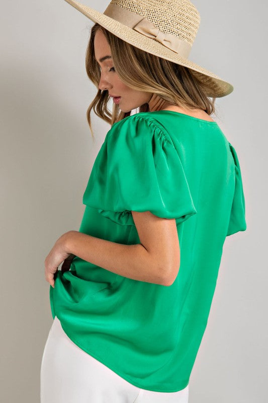 V-Neck Pull Sleeve Satin Top (Shipping Only)