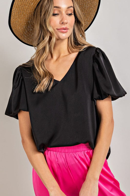 V-Neck Pull Sleeve Satin Top (Shipping Only)