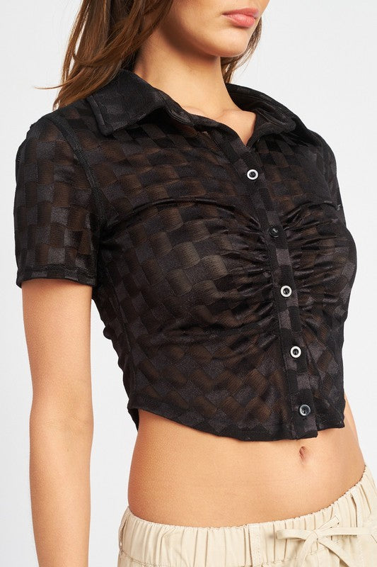 Checked Sheer Collared Top (Shipping Only)