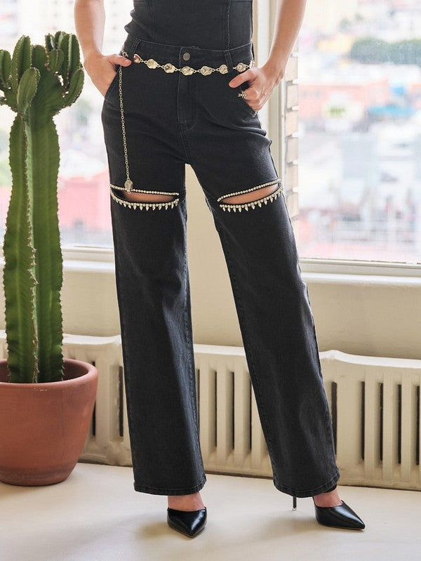 Cut Out Rhinestone Denim