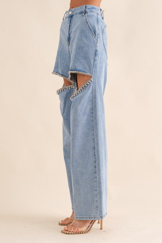 Cut Out Rhinestone Denim