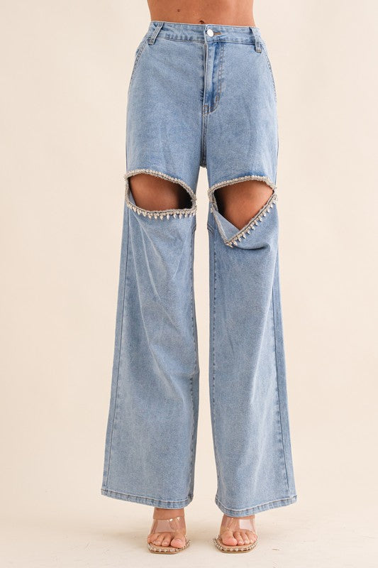 Cut Out Rhinestone Denim