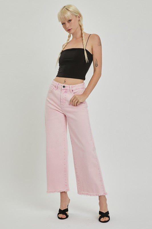 Acid Wash Pink Crop Wide Leg Denim