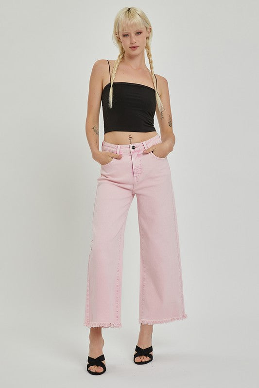 Acid Wash Pink Crop Wide Leg Denim