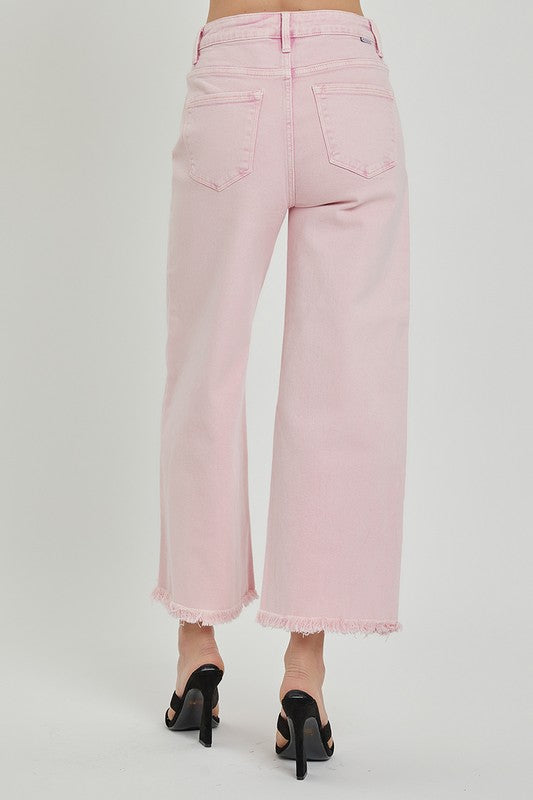 Acid Wash Pink Crop Wide Leg Denim