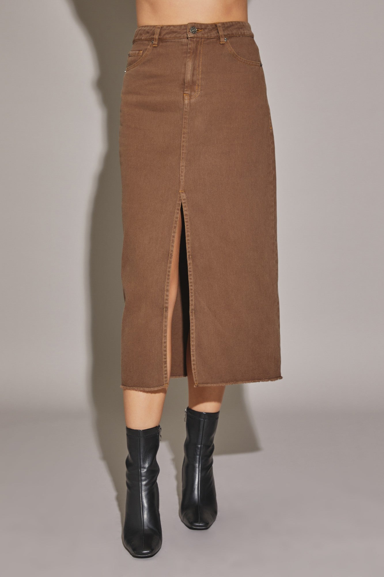 Front Slit Midi Denim Skirt