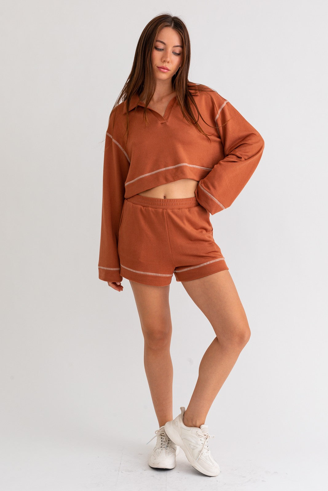 Copper Soft Shorts & Collared Top Set