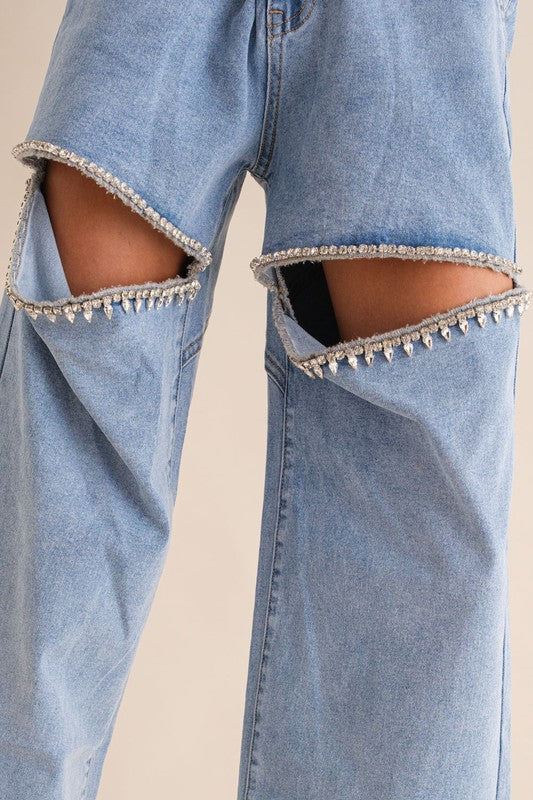 Cut Out Rhinestone Denim