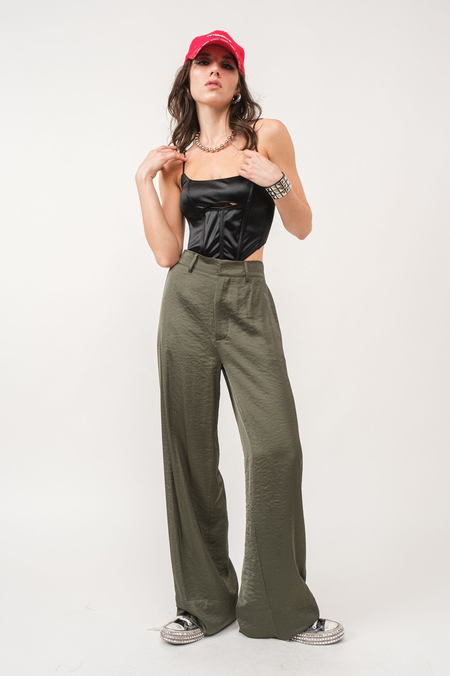 Olive Satin Wide Leg Trouser Pants