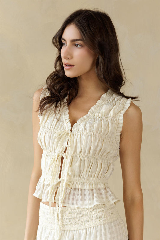Cream Gingham Flutter Top