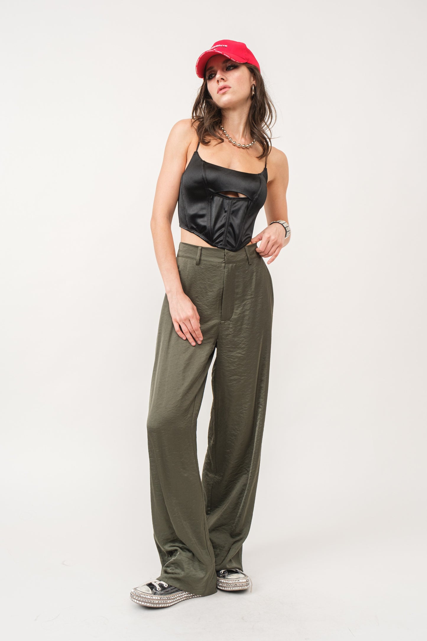 Olive Satin Wide Leg Trouser Pants