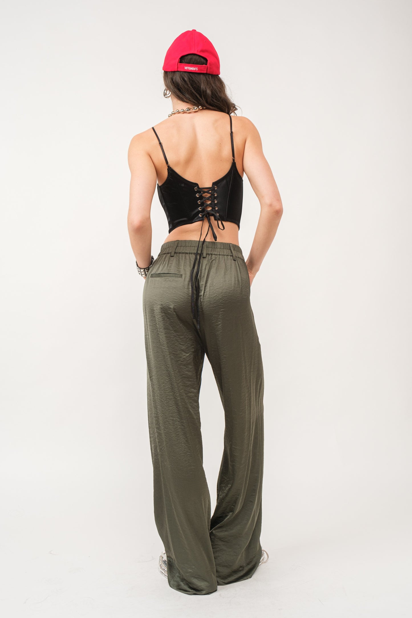 Olive Satin Wide Leg Trouser Pants