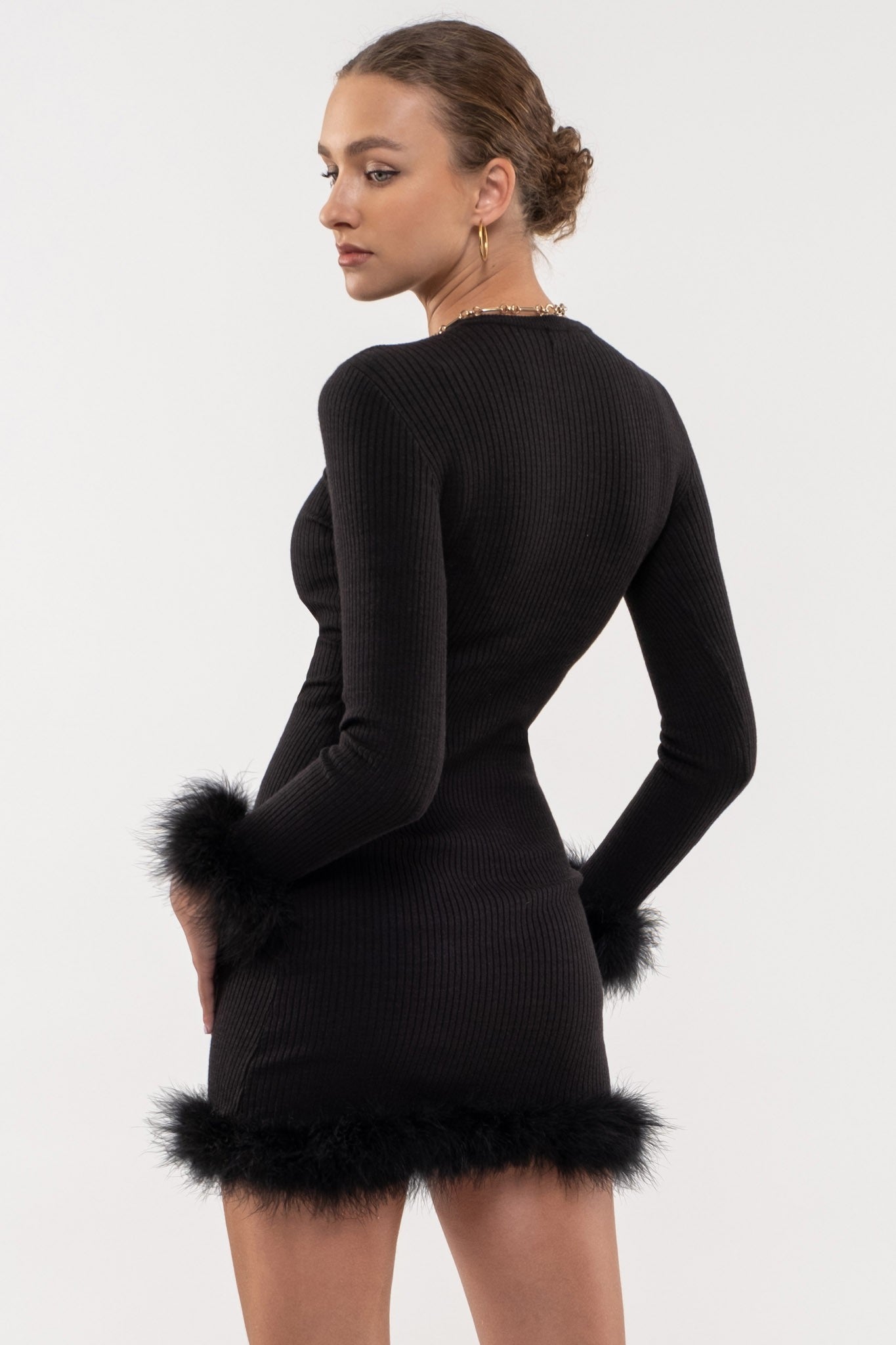 Defiant Boutique Black Feather Trim Mini Dress Large