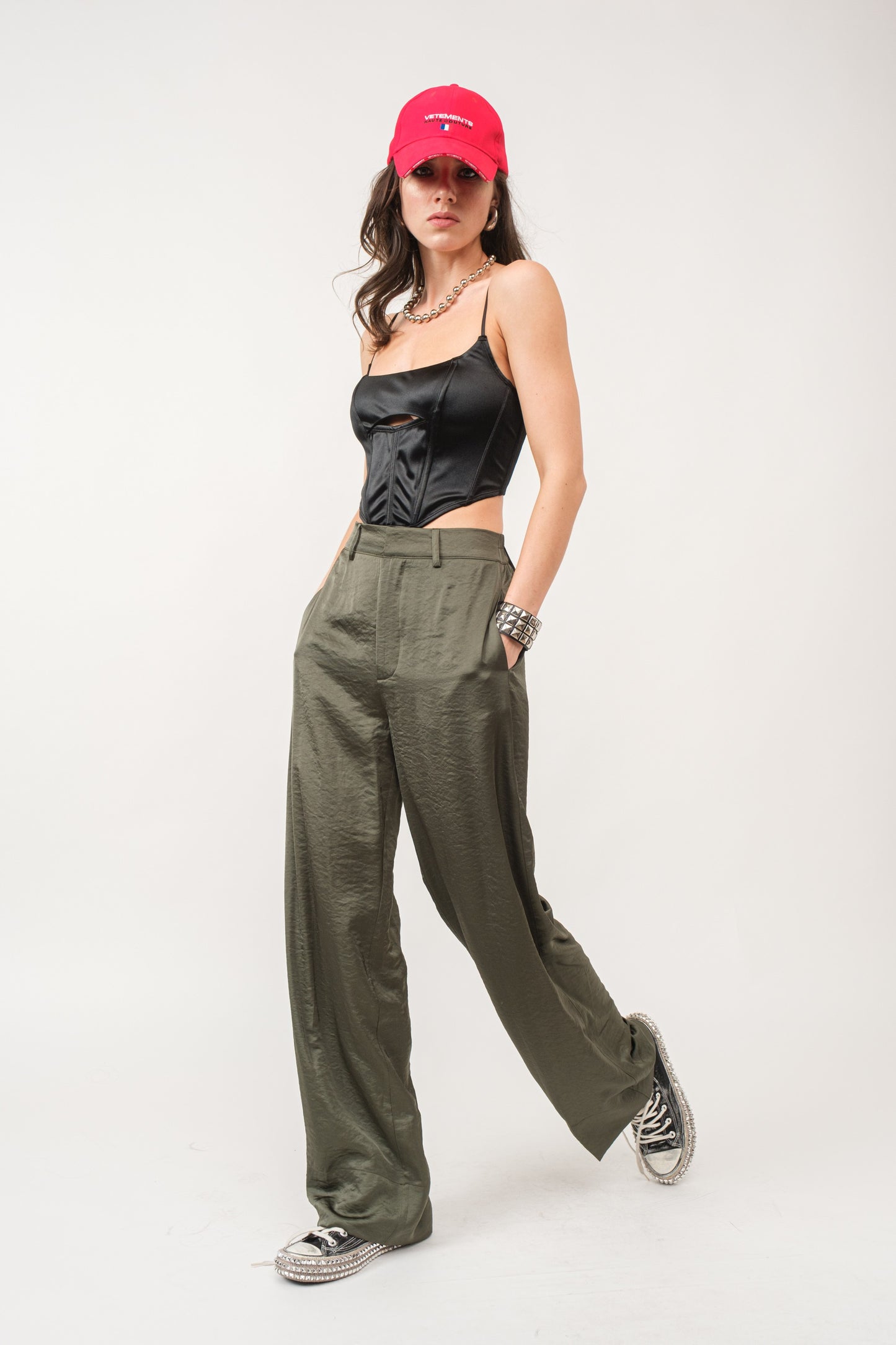 Olive Satin Wide Leg Trouser Pants