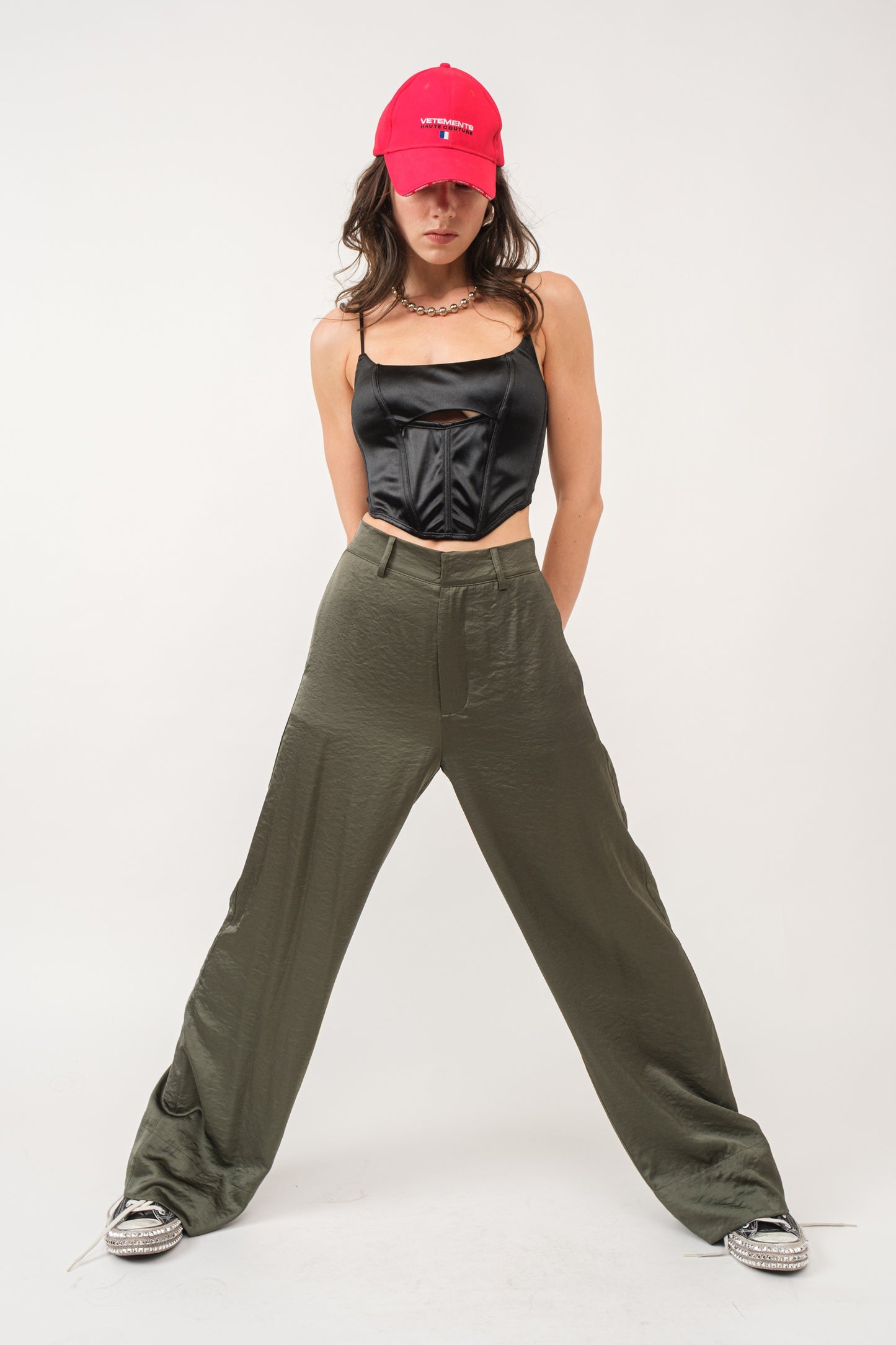 Olive Satin Wide Leg Trouser Pants