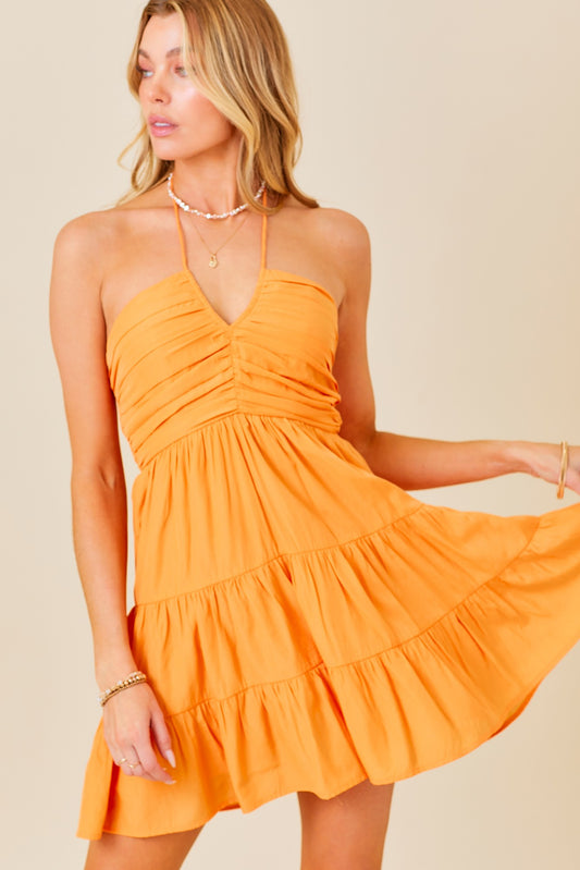 Orange Ruched V-Neck Halter Dress